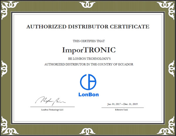 Certificado de Distribuidor de LonBon 2017-2019